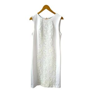 White dress, midi, form fitting with lace detail